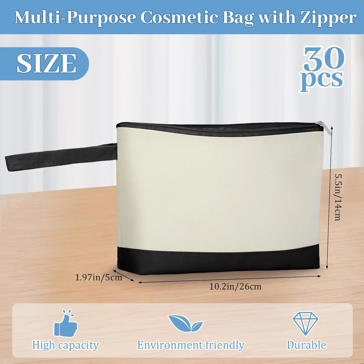 Silkfly 30 Pcs Canvas Makeup Bags Bulk Pencil Case Cotton Cosmetic Pouch with Zipper Bottom Blank Inspirational Travel Pouch Multi Purpose Toiletry Bags for Women (Black, Beige,Simple)