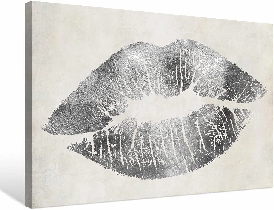 Silver Lip Wall Decor Lips Canvas Wall Art Glam Home Decor Framed Lip Painting Wall Picture for Bedroom Bathroom Makeup Room Wall Decoration 24x18Inch