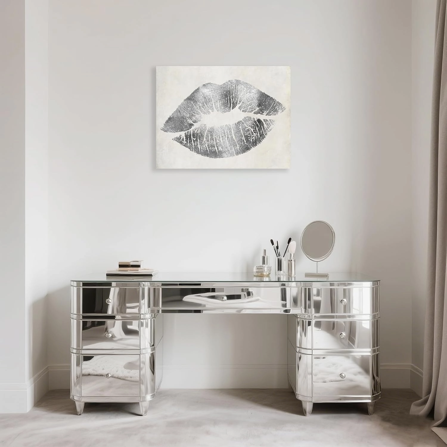 Silver Lip Wall Decor Lips Canvas Wall Art Glam Home Decor Framed Lip Painting Wall Picture for Bedroom Bathroom Makeup Room Wall Decoration 24x18Inch