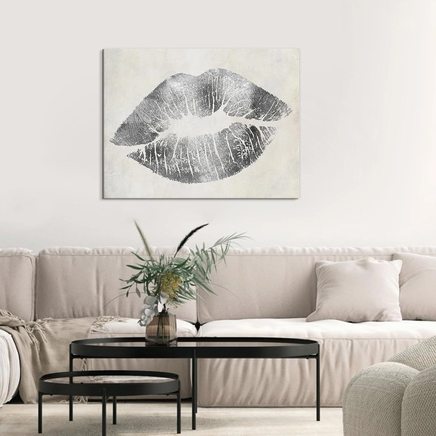 Silver Lip Wall Decor Lips Canvas Wall Art Glam Home Decor Framed Lip Painting Wall Picture for Bedroom Bathroom Makeup Room Wall Decoration 24x18Inch