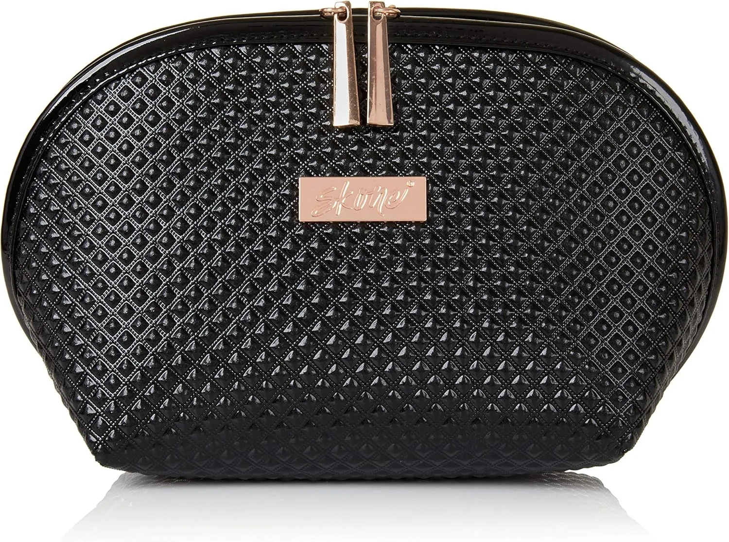 Skone Luxury Designer Makeup Bag – Stylish Patent Leather Cosmetic Organizer with Rose Gold Zipper, Travel-Friendly, Waterproof, Durable & Cruelty-Free for Beauty Essentials and Accessories, Black