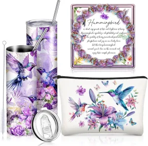 Skylety 3 Pcs Hummingbird Gifts for Women 20 oz Stainless Steel Insulated Tumbler with Straw and Brush Hummingbird Bracelet Makeup Bag Inspirational Gift for Her Teacher Mom Bird Lover Birthday Gift