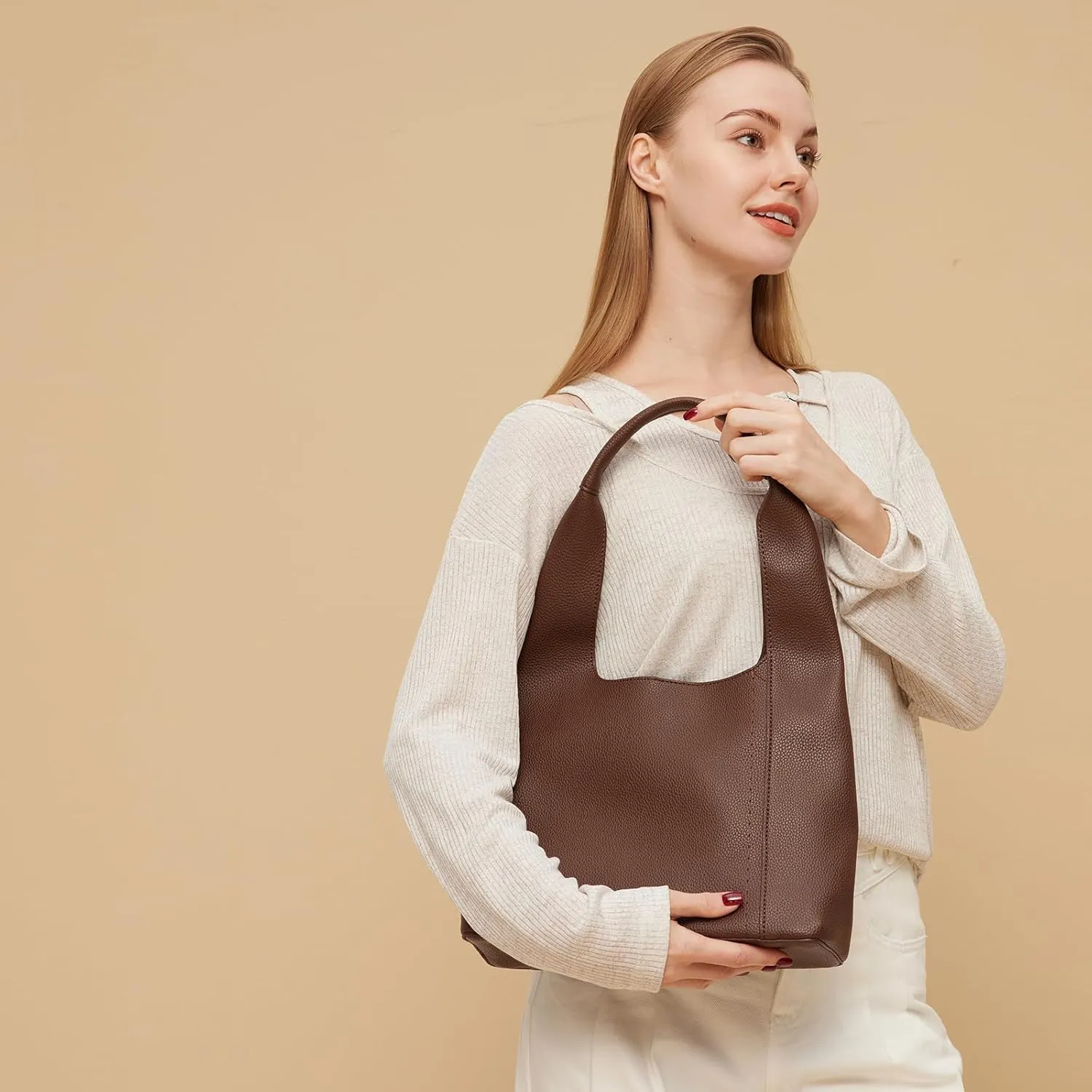 Slouchy Hobo Bags for Women, Shoulder Handbag Purse 2pcs Soft Tote Work Bag PU Leather Top Handle Bag