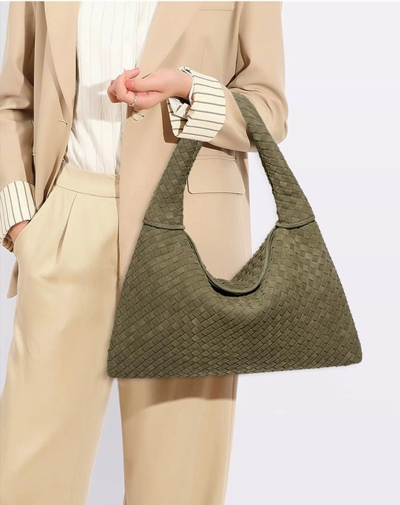 Slouchy Woven Suede Hobo Bags Women Trendy Suede Purse Crossbody Crescent Shoulder Satchel Work Bag Top Handle Tote Handbag