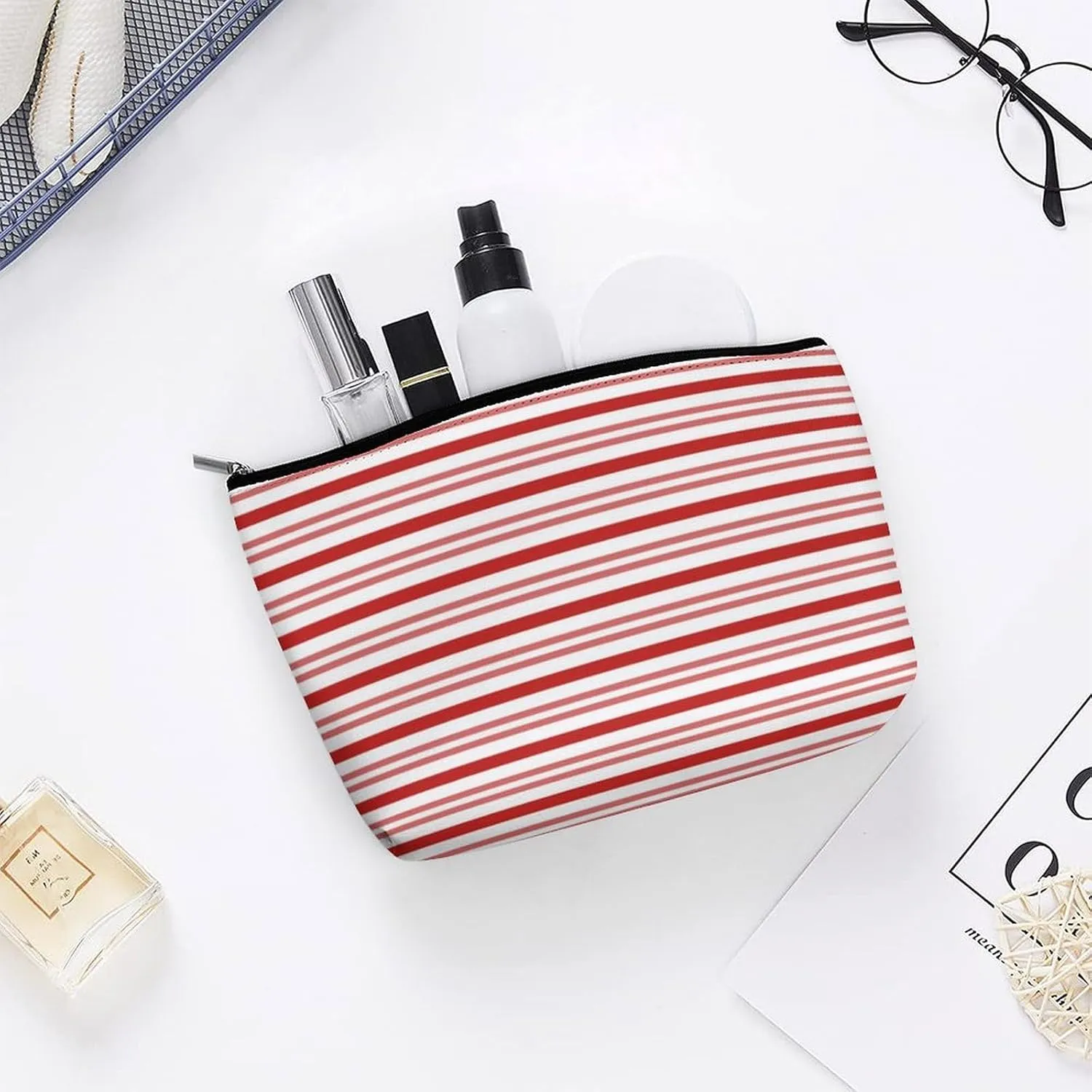 Small Cosmetic Bag, Red and White Candy Stripes Makeup Bags Elegant Roomy Pouch for Women,Travel Toiletry Accessories Organizer