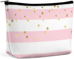 Small Cosmetic Bag, Stripes Pale Pink Rose Gold Makeup Bags Elegant Roomy Pouch for Women,Travel Toiletry Accessories Organizer