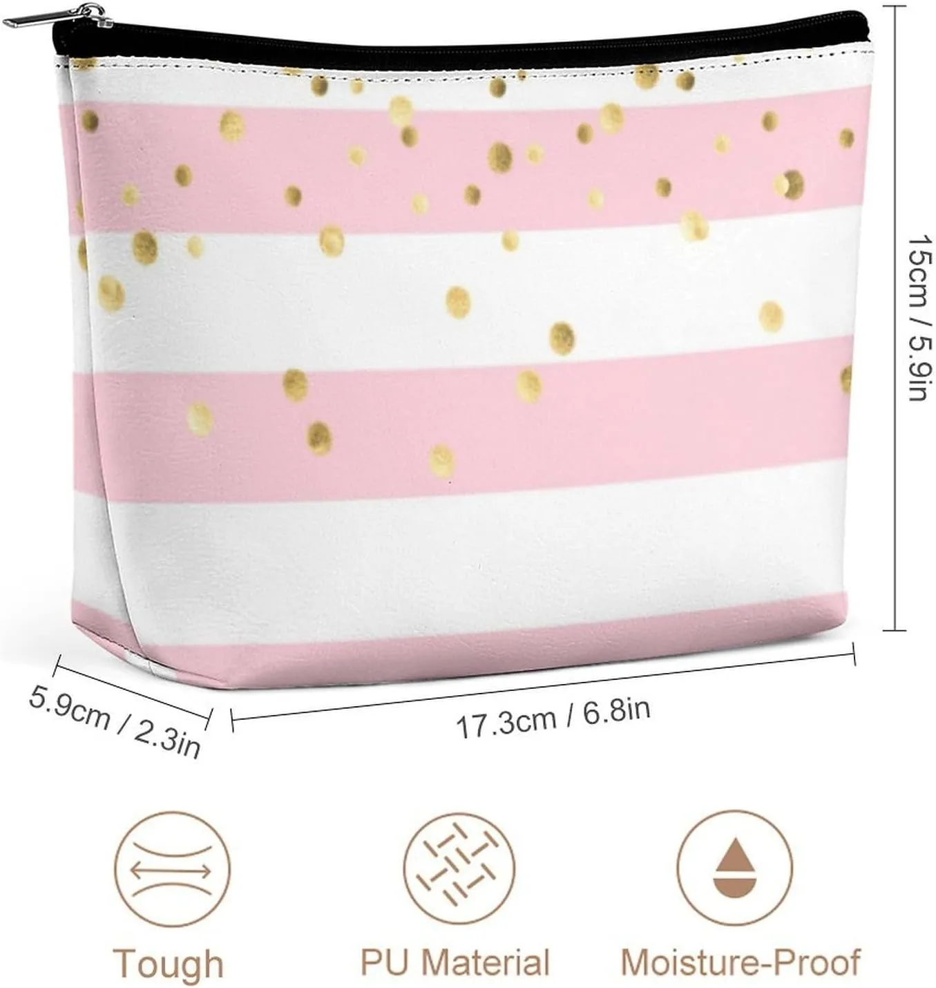 Small Cosmetic Bag, Stripes Pale Pink Rose Gold Makeup Bags Elegant Roomy Pouch for Women,Travel Toiletry Accessories Organizer