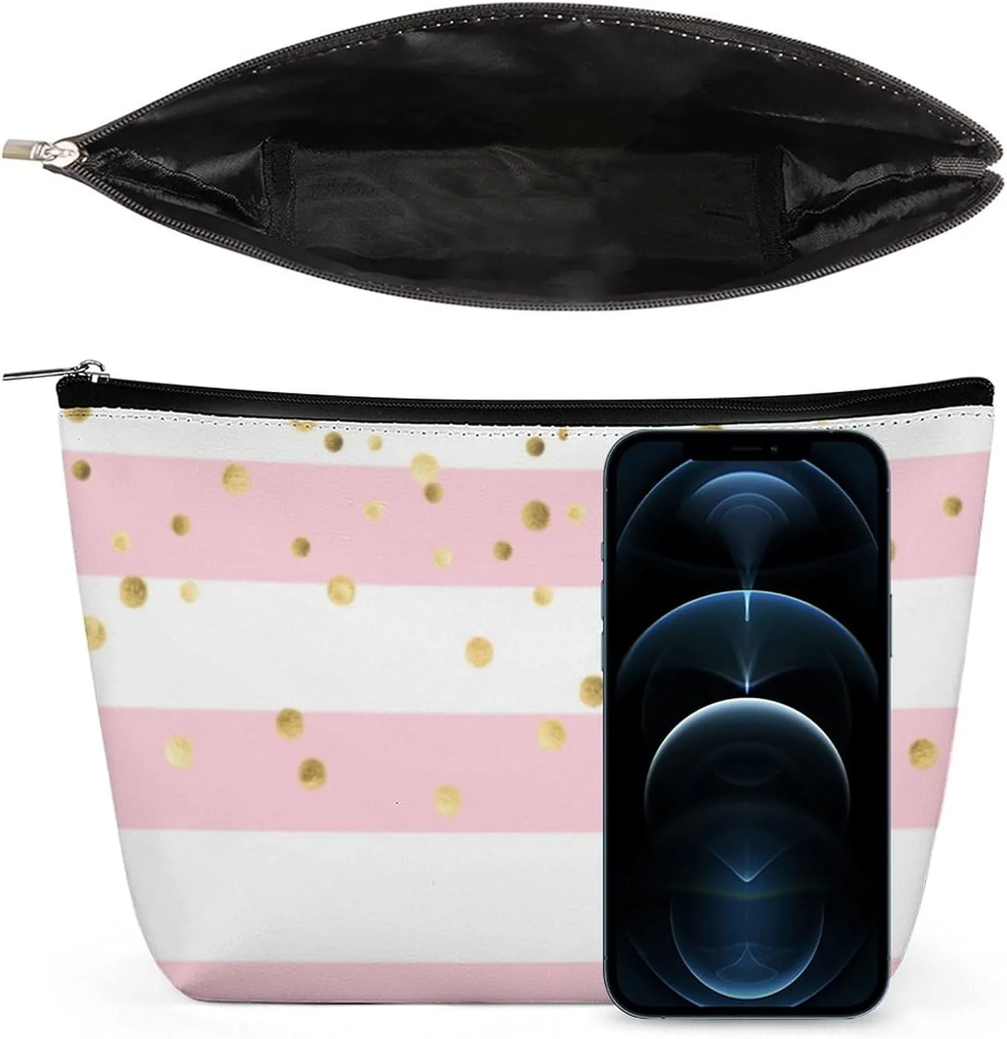 Small Cosmetic Bag, Stripes Pale Pink Rose Gold Makeup Bags Elegant Roomy Pouch for Women,Travel Toiletry Accessories Organizer