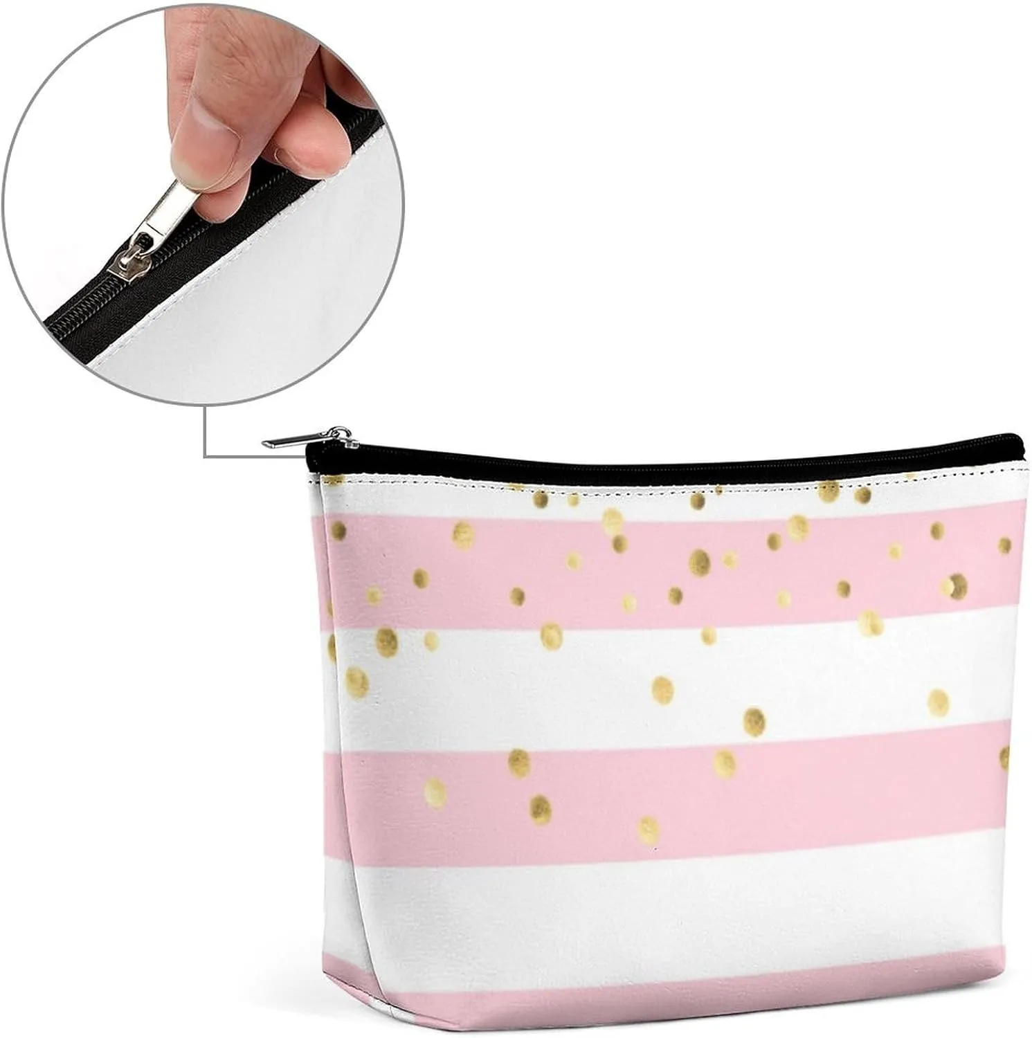 Small Cosmetic Bag, Stripes Pale Pink Rose Gold Makeup Bags Elegant Roomy Pouch for Women,Travel Toiletry Accessories Organizer