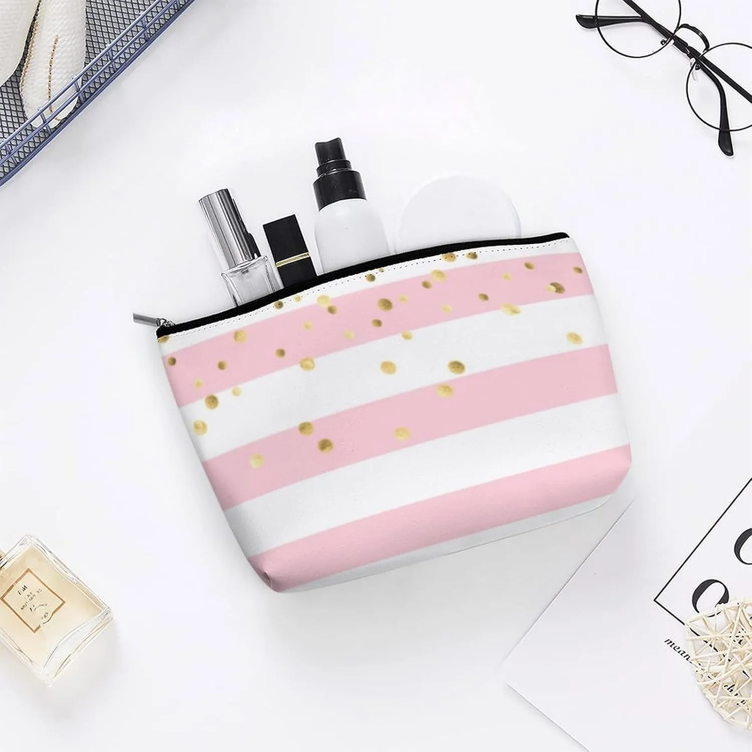 Small Cosmetic Bag, Stripes Pale Pink Rose Gold Makeup Bags Elegant Roomy Pouch for Women,Travel Toiletry Accessories Organizer