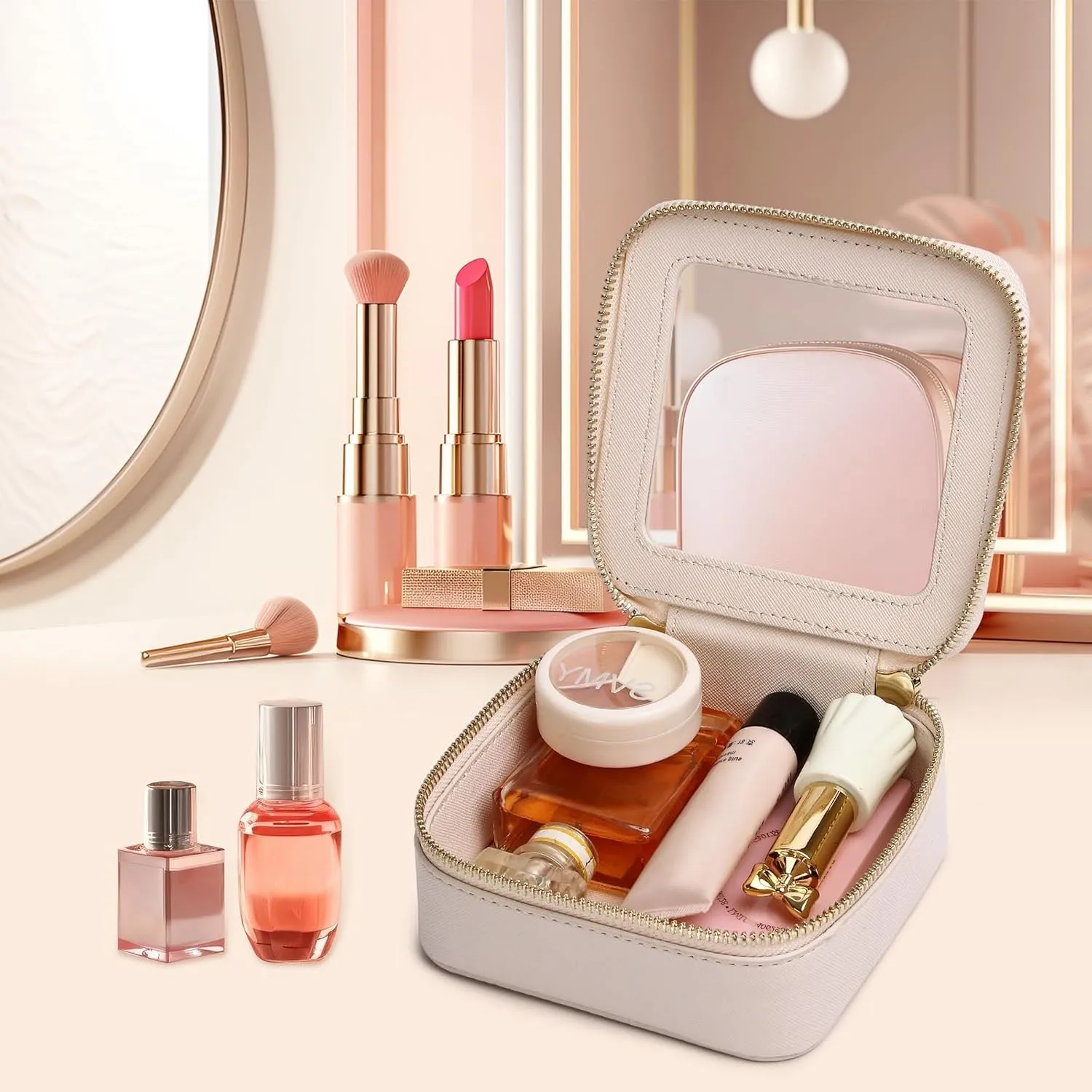 Small Makeup Bag Mini Clear Cosmetic Makeup Case & Toiletry Bag with Zipper Women's Purse Organizer & Car Essentials (Beige, MINI-1)