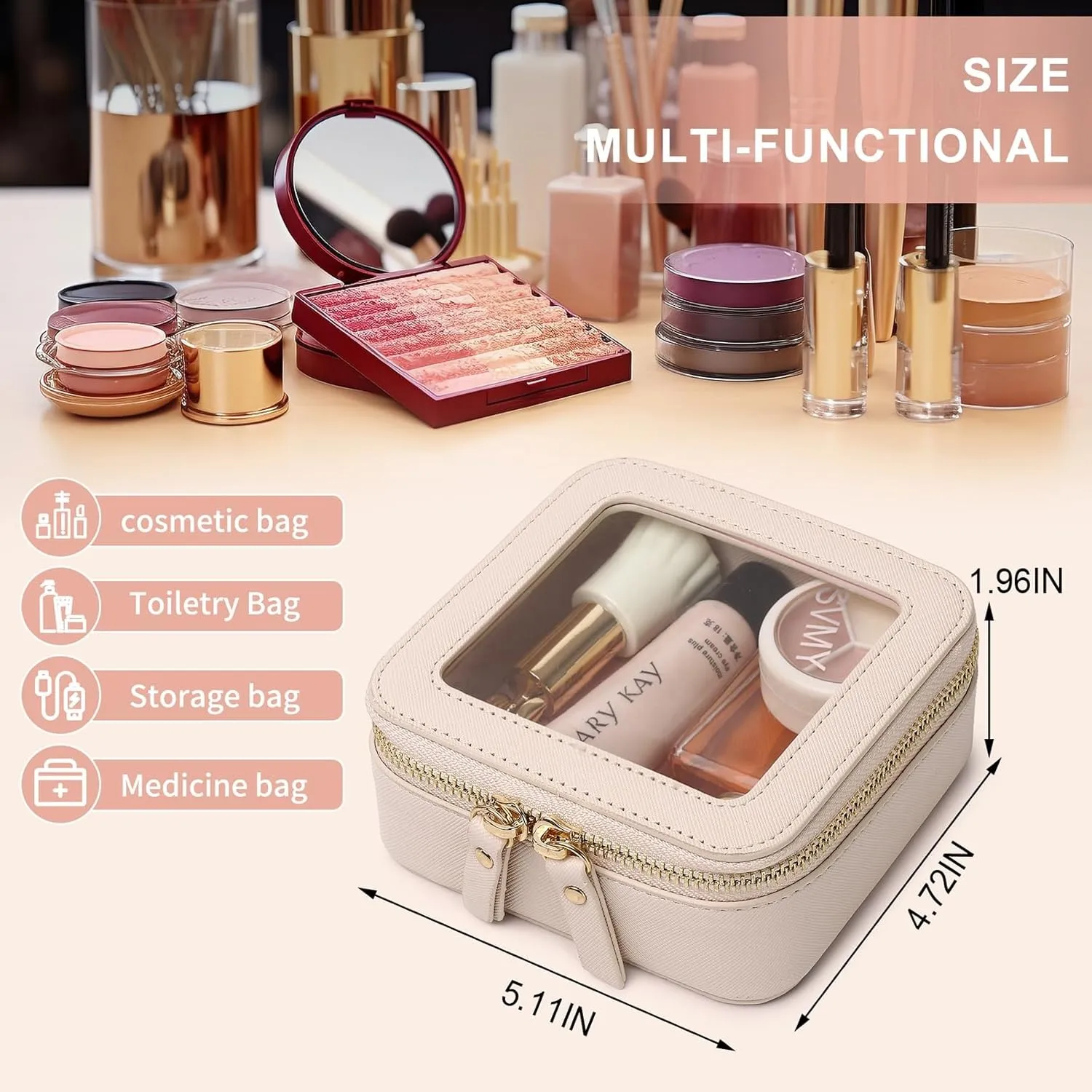 Small Makeup Bag Mini Clear Cosmetic Makeup Case & Toiletry Bag with Zipper Women's Purse Organizer & Car Essentials (Beige, MINI-1)