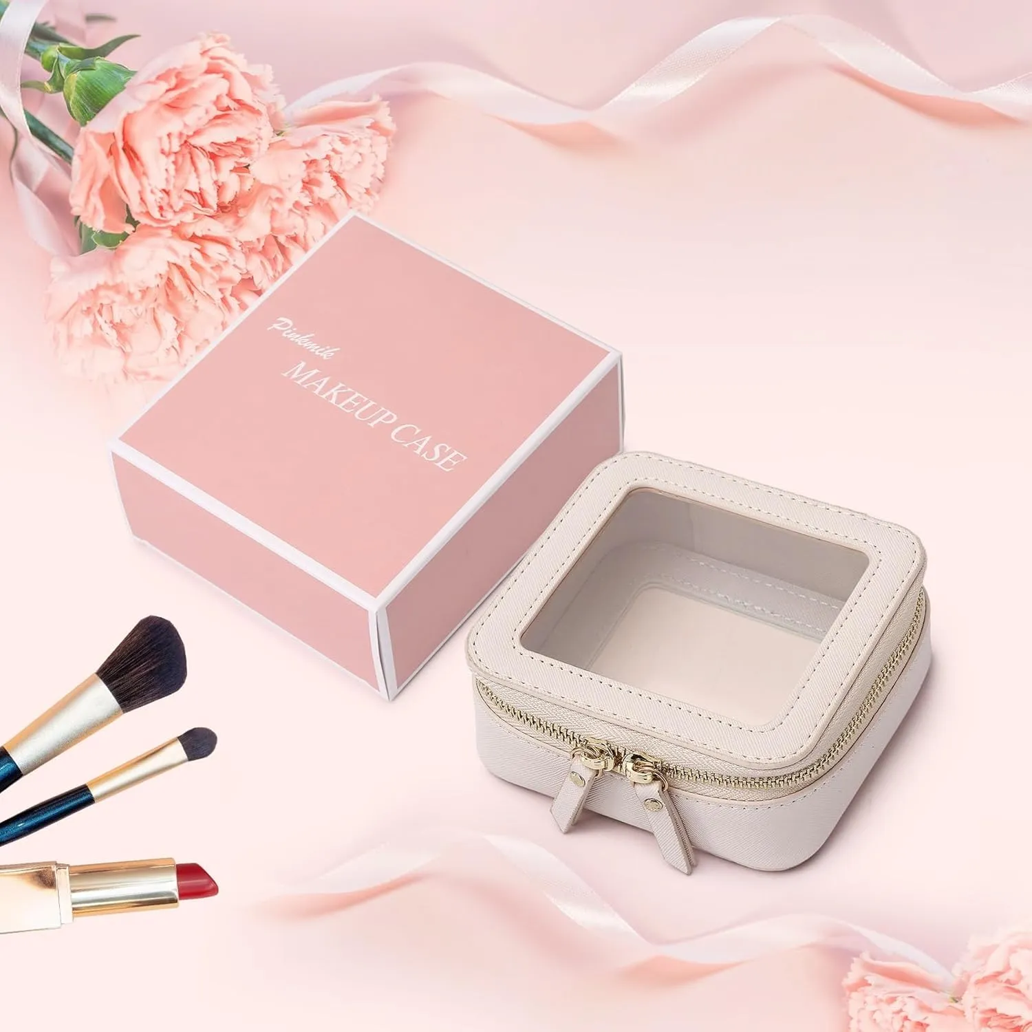 Small Makeup Bag Mini Clear Cosmetic Makeup Case & Toiletry Bag with Zipper Women's Purse Organizer & Car Essentials (Beige, MINI-1)