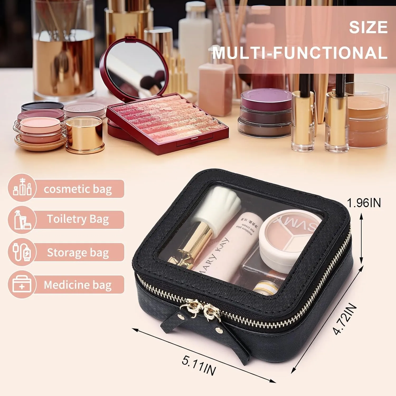 Small Makeup Bag Mini Clear Cosmetic Makeup Case & Toiletry Bag with Zipper Women's Purse Organizer & Car Essentials (Black,MINI-1)