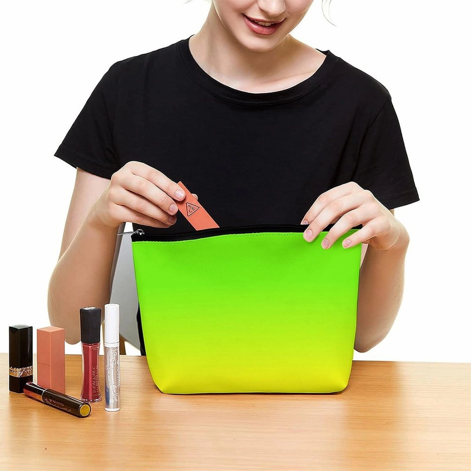 Small Cosmetic Bag, Neon Green and Neon Yellow Ombre Makeup Bags Elegant Roomy Pouch for Women,Travel Toiletry Accessories Organizer