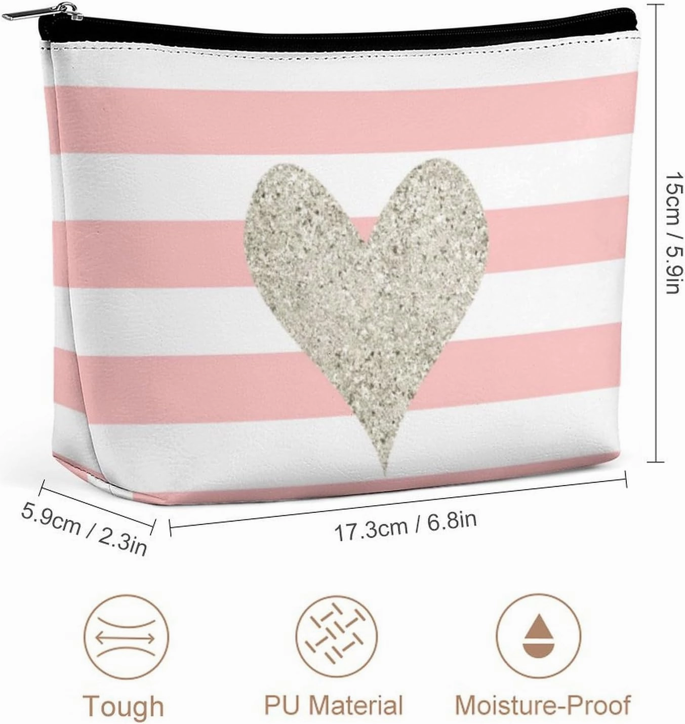 Small Cosmetic Bag, Silver Glitter Heart Makeup Bags Elegant Roomy Pouch for Women,Travel Toiletry Accessories Organizer