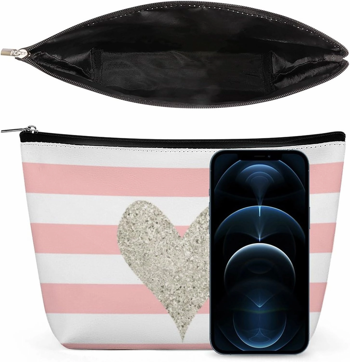 Small Cosmetic Bag, Silver Glitter Heart Makeup Bags Elegant Roomy Pouch for Women,Travel Toiletry Accessories Organizer