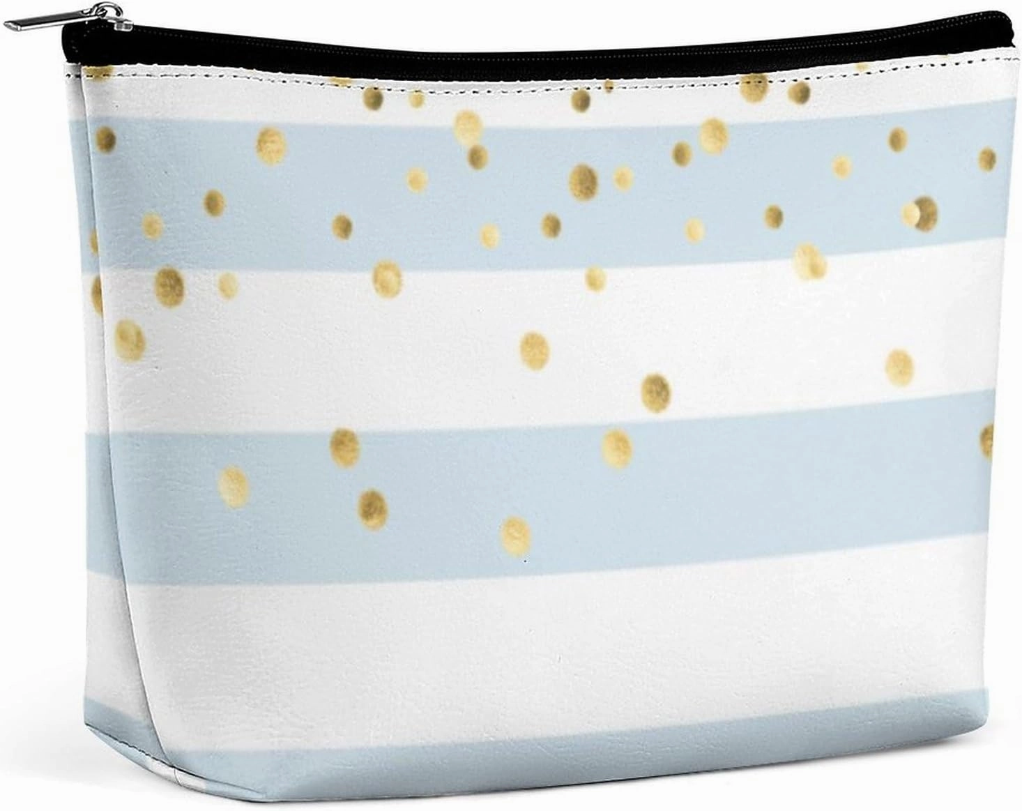 Small Cosmetic Bag, Stripes Pastel Light Blue Gold Makeup Bags Elegant Roomy Pouch for Women,Travel Toiletry Accessories Organizer