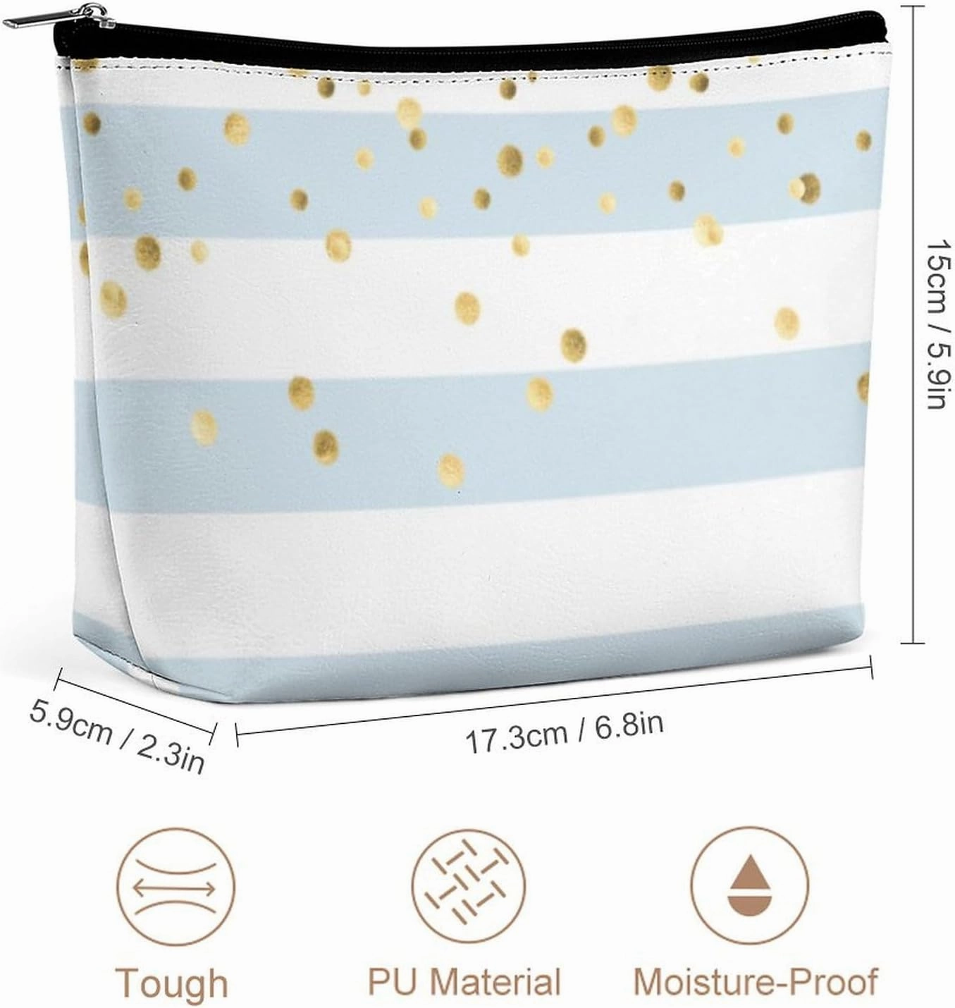 Small Cosmetic Bag, Stripes Pastel Light Blue Gold Makeup Bags Elegant Roomy Pouch for Women,Travel Toiletry Accessories Organizer
