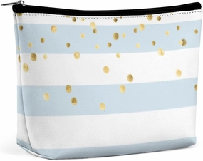 Small Cosmetic Bag, Stripes Pastel Light Blue Gold Makeup Bags Elegant Roomy Pouch for Women,Travel Toiletry Accessories Organizer