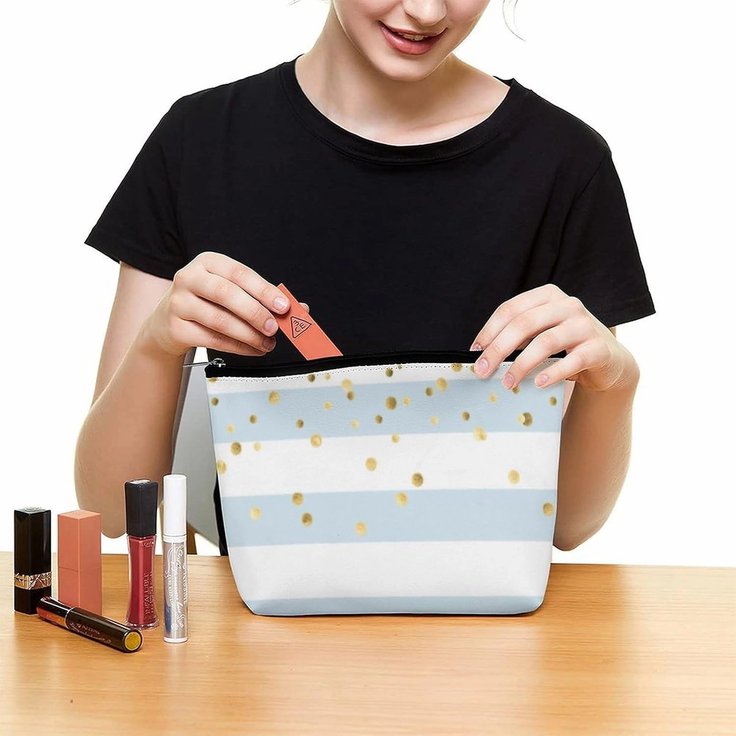 Small Cosmetic Bag, Stripes Pastel Light Blue Gold Makeup Bags Elegant Roomy Pouch for Women,Travel Toiletry Accessories Organizer