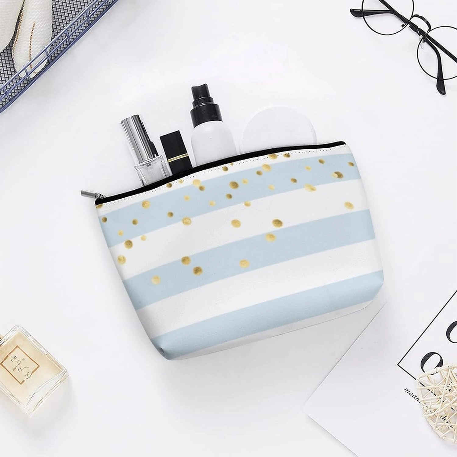 Small Cosmetic Bag, Stripes Pastel Light Blue Gold Makeup Bags Elegant Roomy Pouch for Women,Travel Toiletry Accessories Organizer