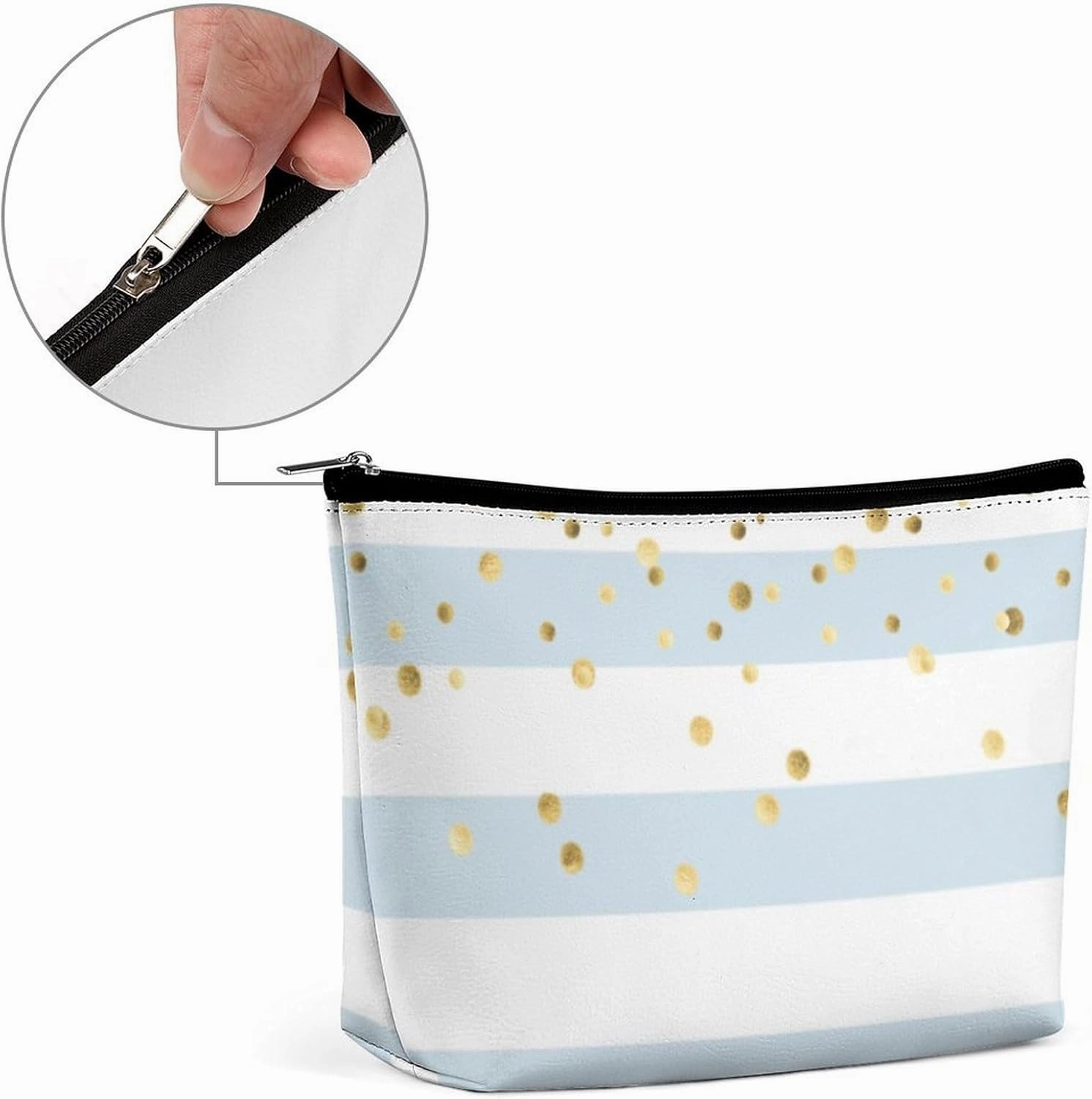 Small Cosmetic Bag, Stripes Pastel Light Blue Gold Makeup Bags Elegant Roomy Pouch for Women,Travel Toiletry Accessories Organizer