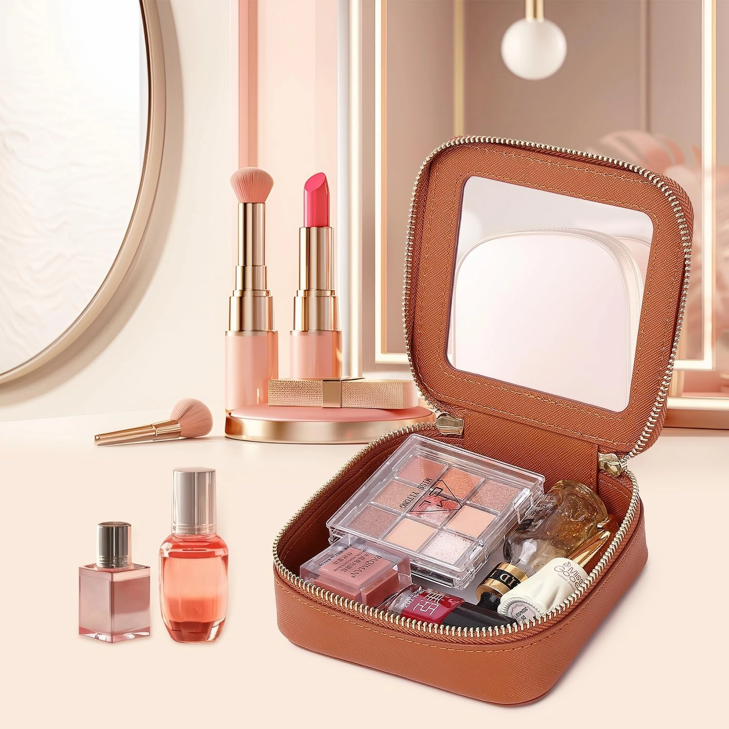 Small Makeup Bag Clear Mini Cosmetic Makeup Case & Toiletry Bag with Zipper Women's Purse Organizer & Car Essentials (X/Brown, MINI-1)