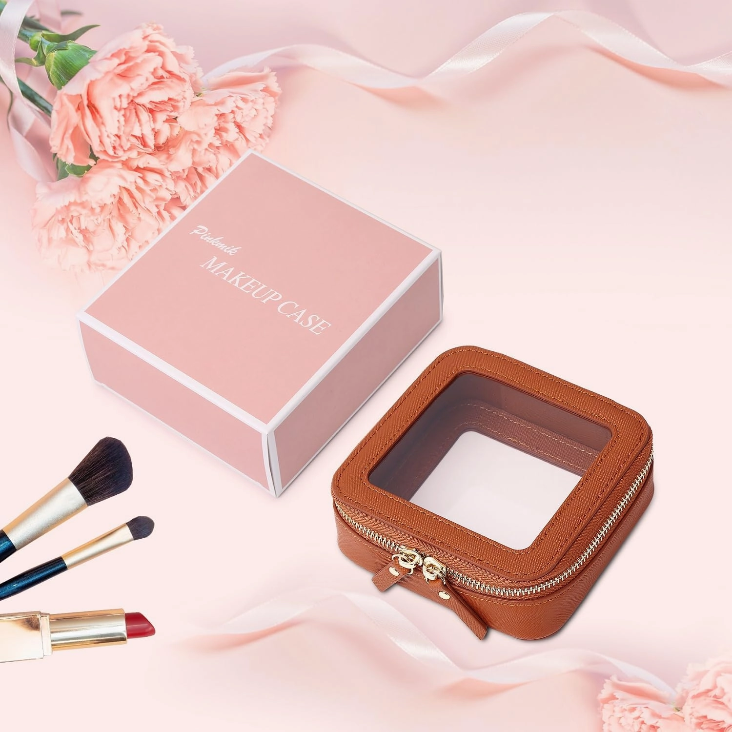 Small Makeup Bag Clear Mini Cosmetic Makeup Case & Toiletry Bag with Zipper Women's Purse Organizer & Car Essentials (X/Brown, MINI-1)