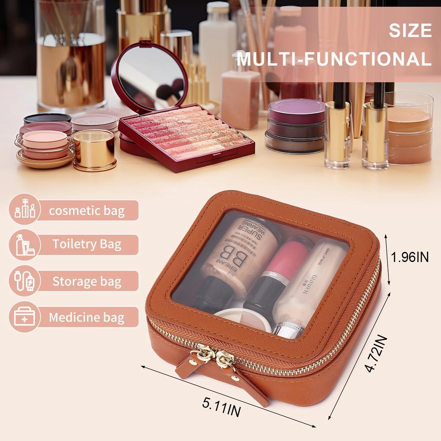 Small Makeup Bag Clear Mini Cosmetic Makeup Case & Toiletry Bag with Zipper Women's Purse Organizer & Car Essentials (X/Brown, MINI-1)
