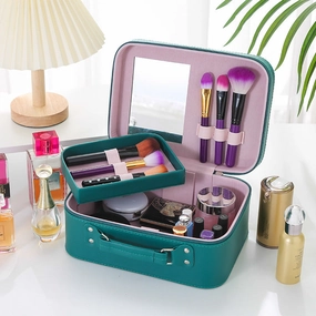 Solid Color PU Leather Large Capacity Portable Waterproof Women'S Cosmetic Bag