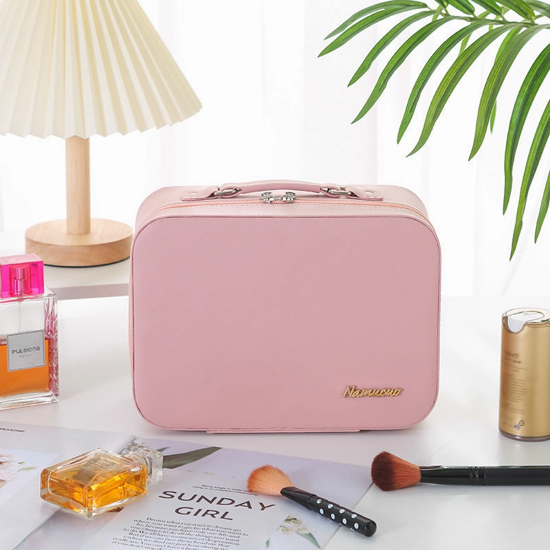 Solid Color PU Leather Large Capacity Portable Waterproof Women'S Cosmetic Bag