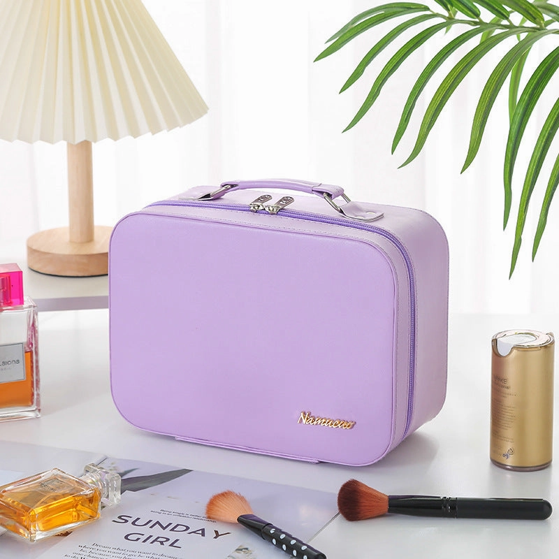 Solid Color PU Leather Large Capacity Portable Waterproof Women'S Cosmetic Bag