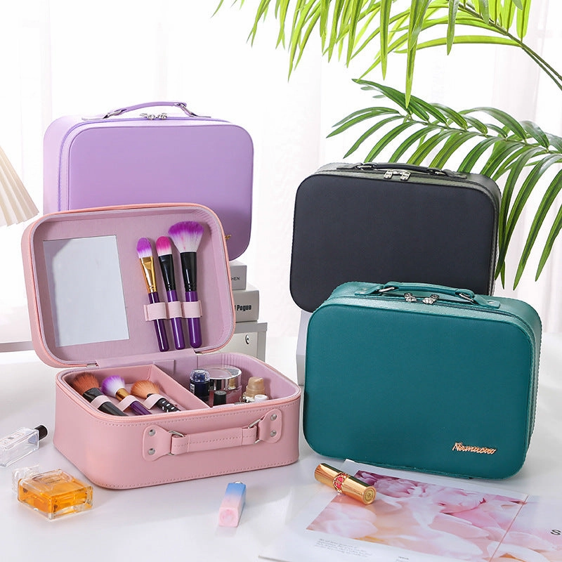Solid Color PU Leather Large Capacity Portable Waterproof Women'S Cosmetic Bag