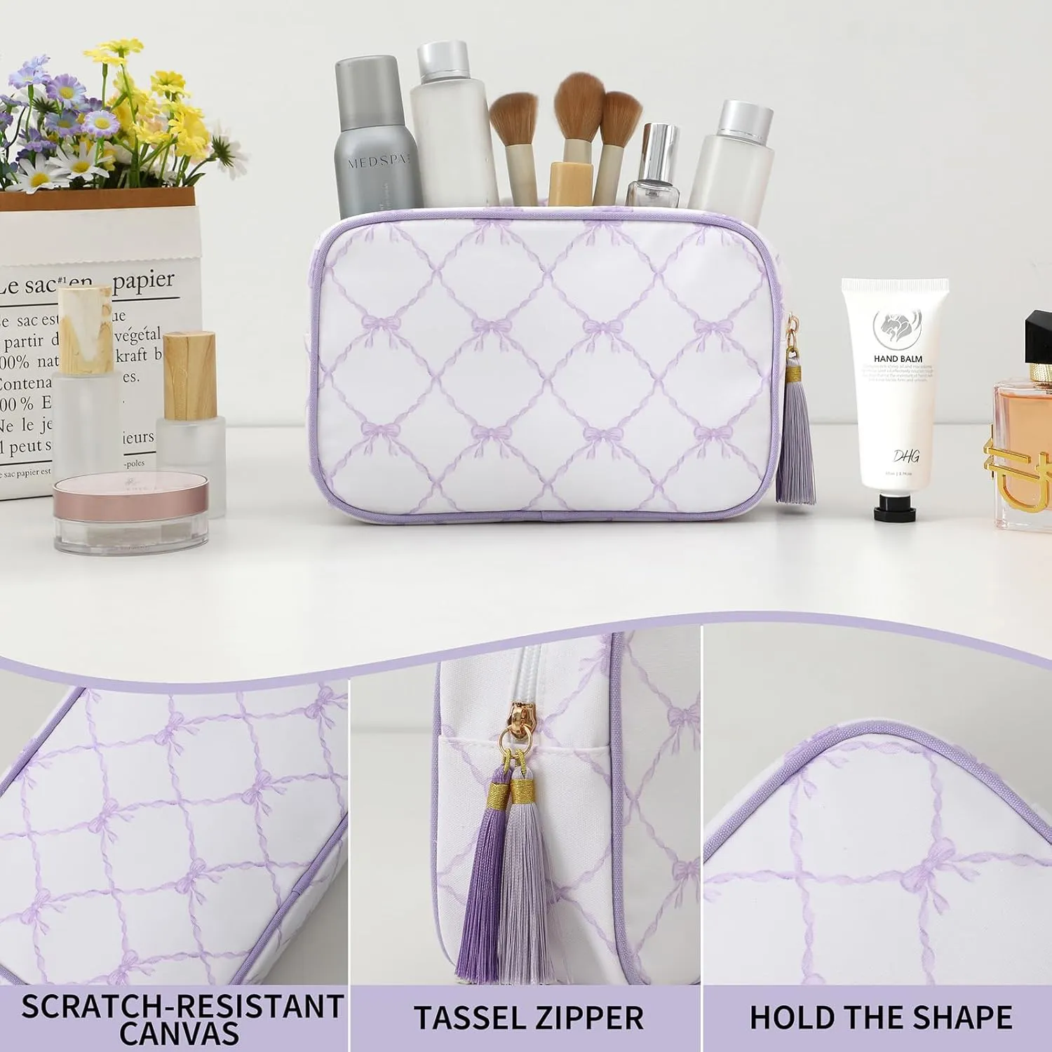 Stripe Makeup Bag Travel Cosmetic Bag Organizer Tassel Toiletry Bag Large Canvas Zipper Pouch and Accessories Storage Bag for Women