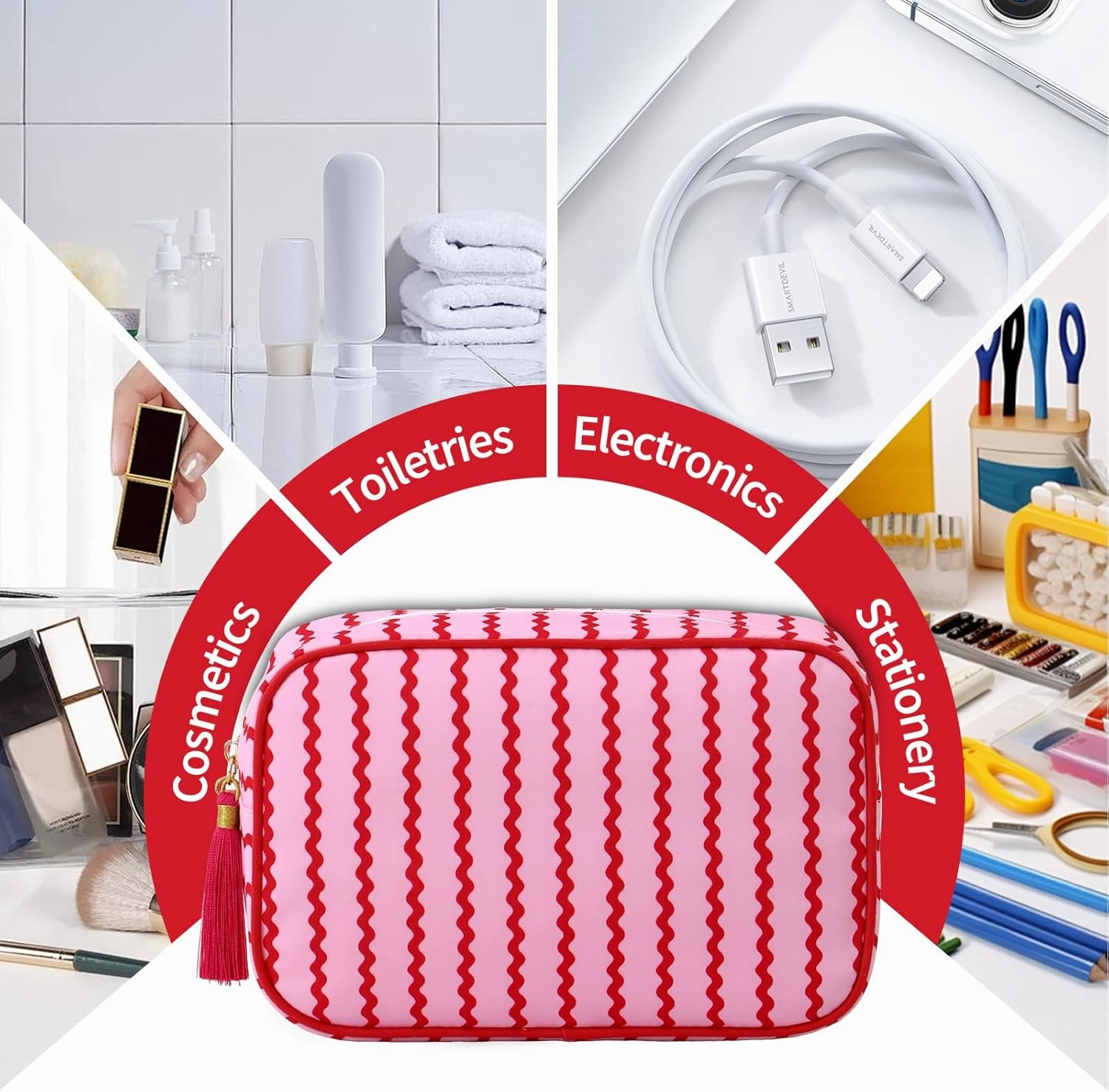 Stripe Makeup Bag Travel Cosmetic Bag Organizer Tassel Toiletry Bag Large Canvas Zipper Pouch and Accessories Storage Bag for Women