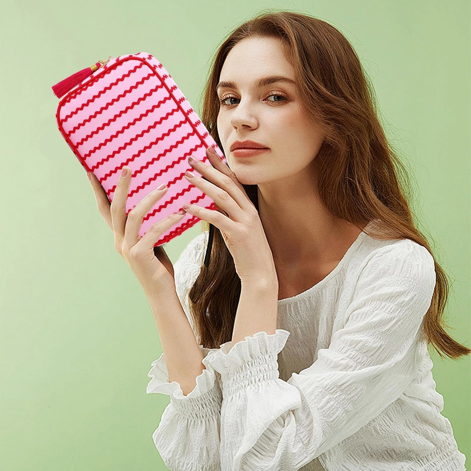 Stripe Makeup Bag Travel Cosmetic Bag Organizer Tassel Toiletry Bag Large Canvas Zipper Pouch and Accessories Storage Bag for Women