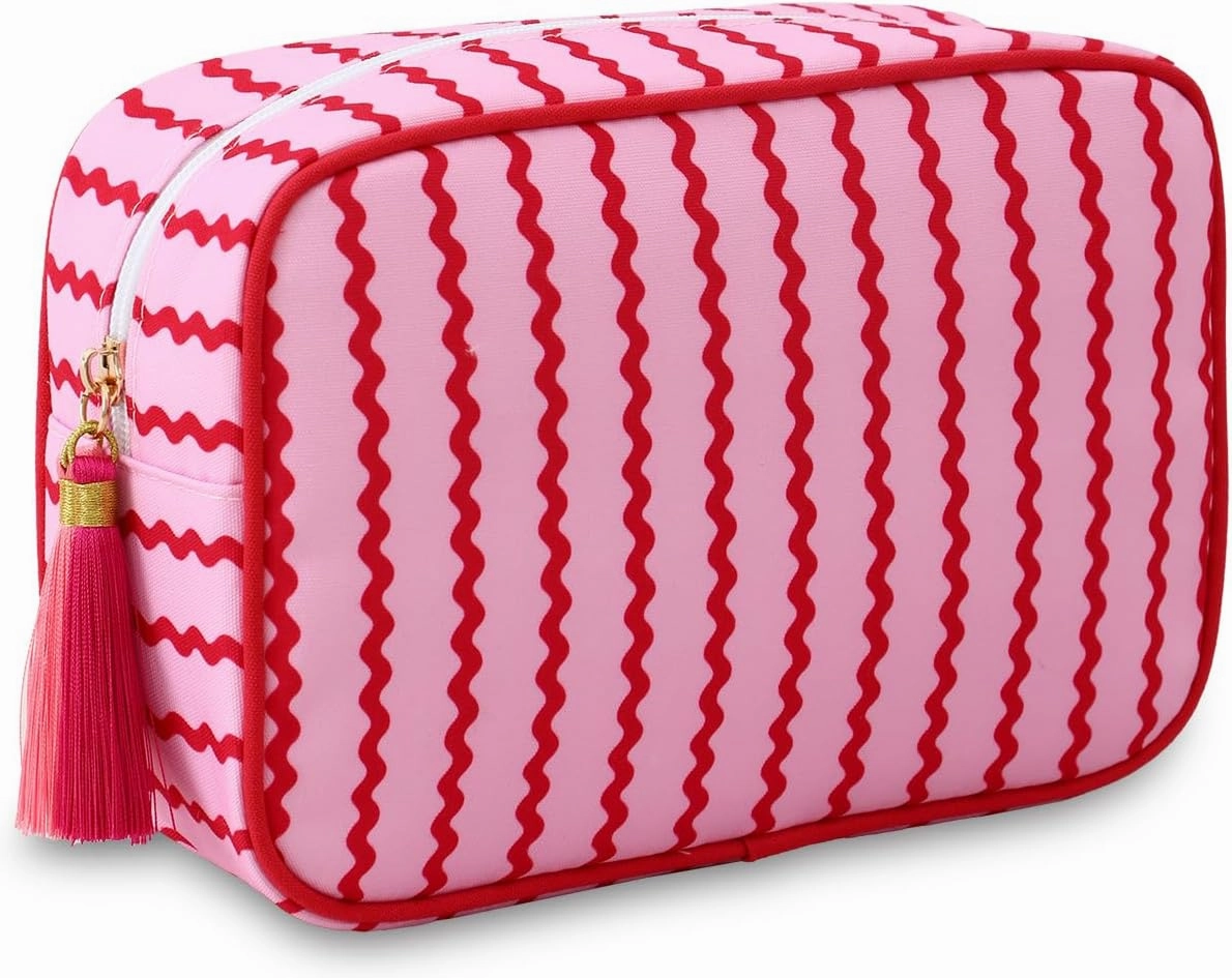 Stripe Makeup Bag Travel Cosmetic Bag Organizer Tassel Toiletry Bag Large Canvas Zipper Pouch and Accessories Storage Bag for Women