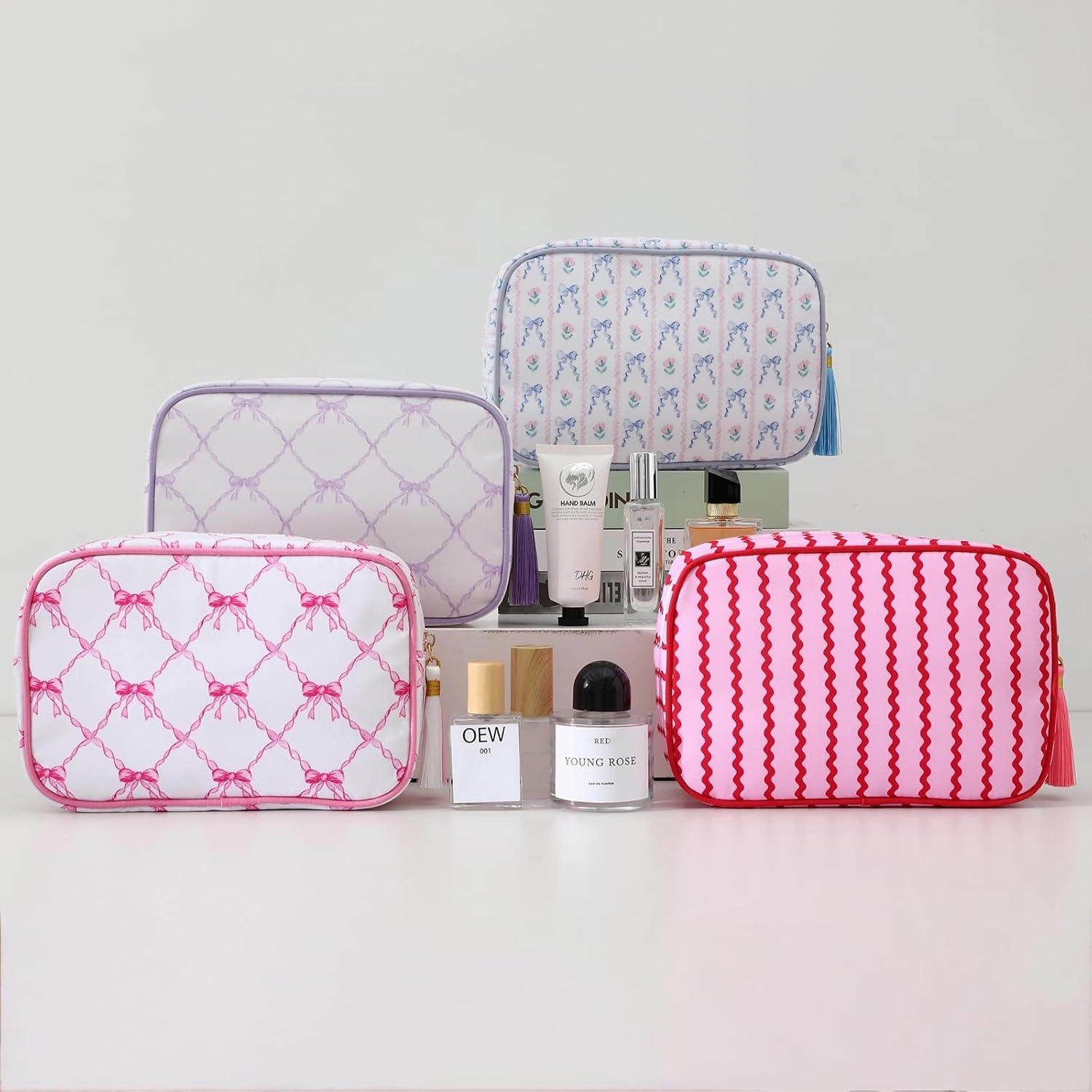 Stripe Makeup Bag Travel Cosmetic Bag Organizer Tassel Toiletry Bag Large Canvas Zipper Pouch and Accessories Storage Bag for Women