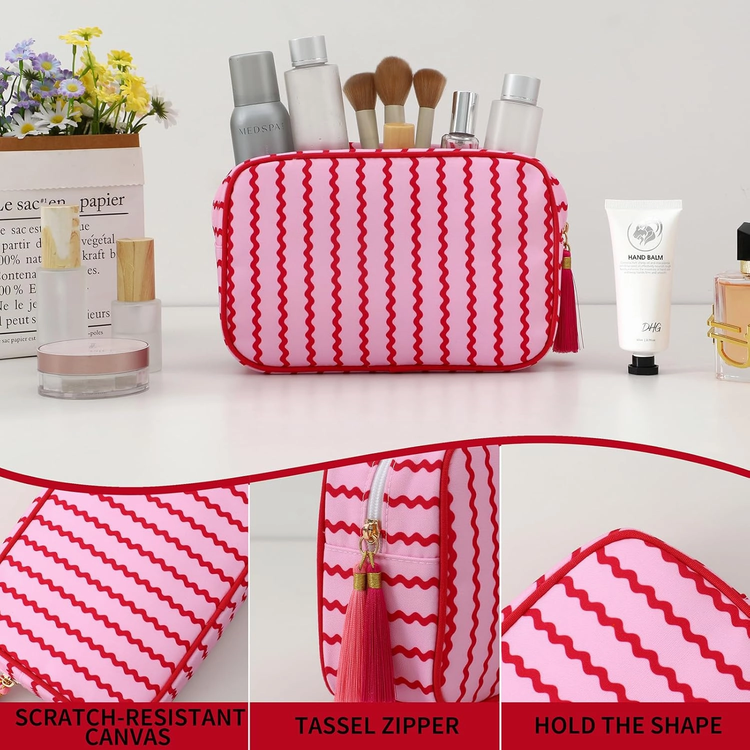 Stripe Makeup Bag Travel Cosmetic Bag Organizer Tassel Toiletry Bag Large Canvas Zipper Pouch and Accessories Storage Bag for Women