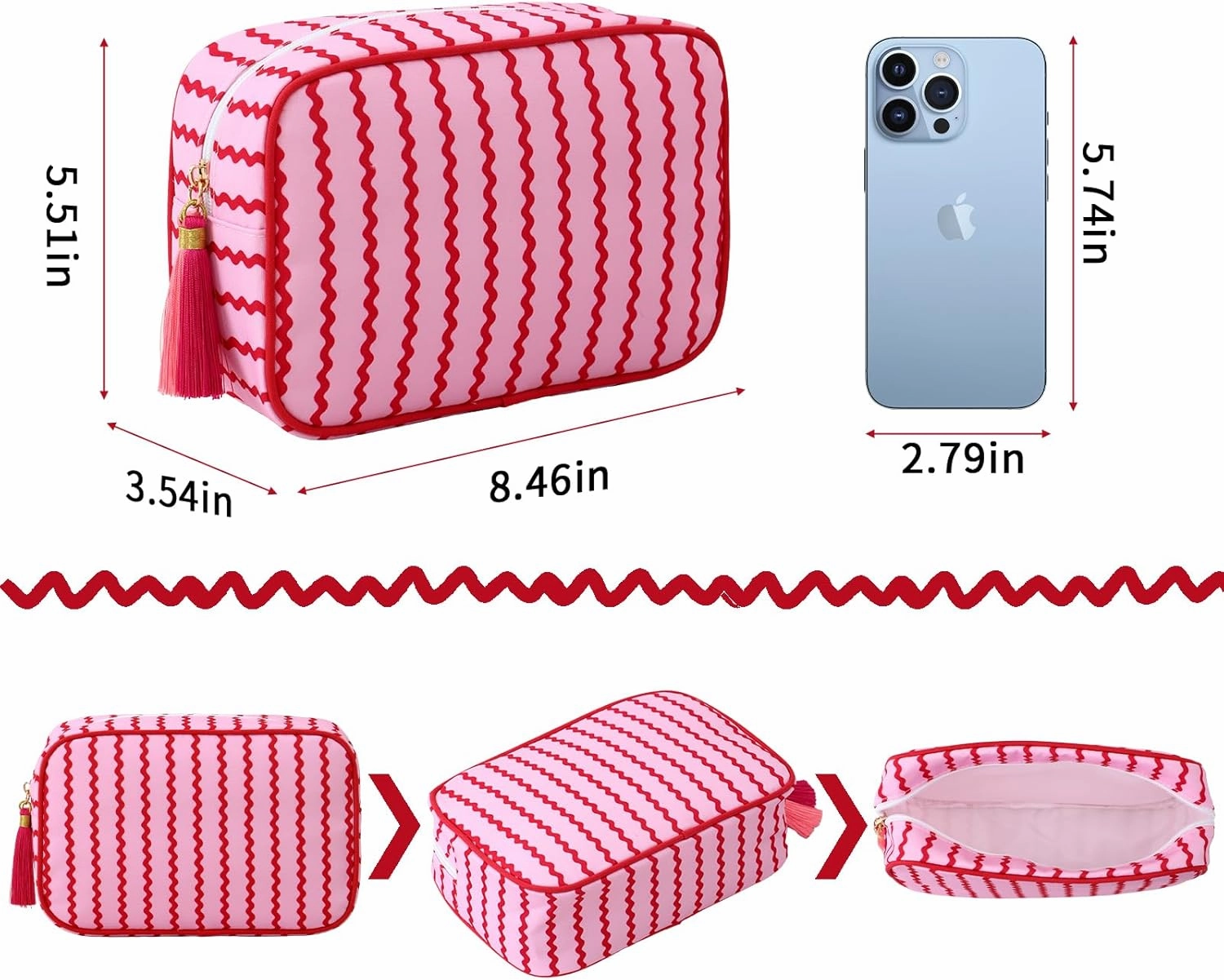 Stripe Makeup Bag Travel Cosmetic Bag Organizer Tassel Toiletry Bag Large Canvas Zipper Pouch and Accessories Storage Bag for Women