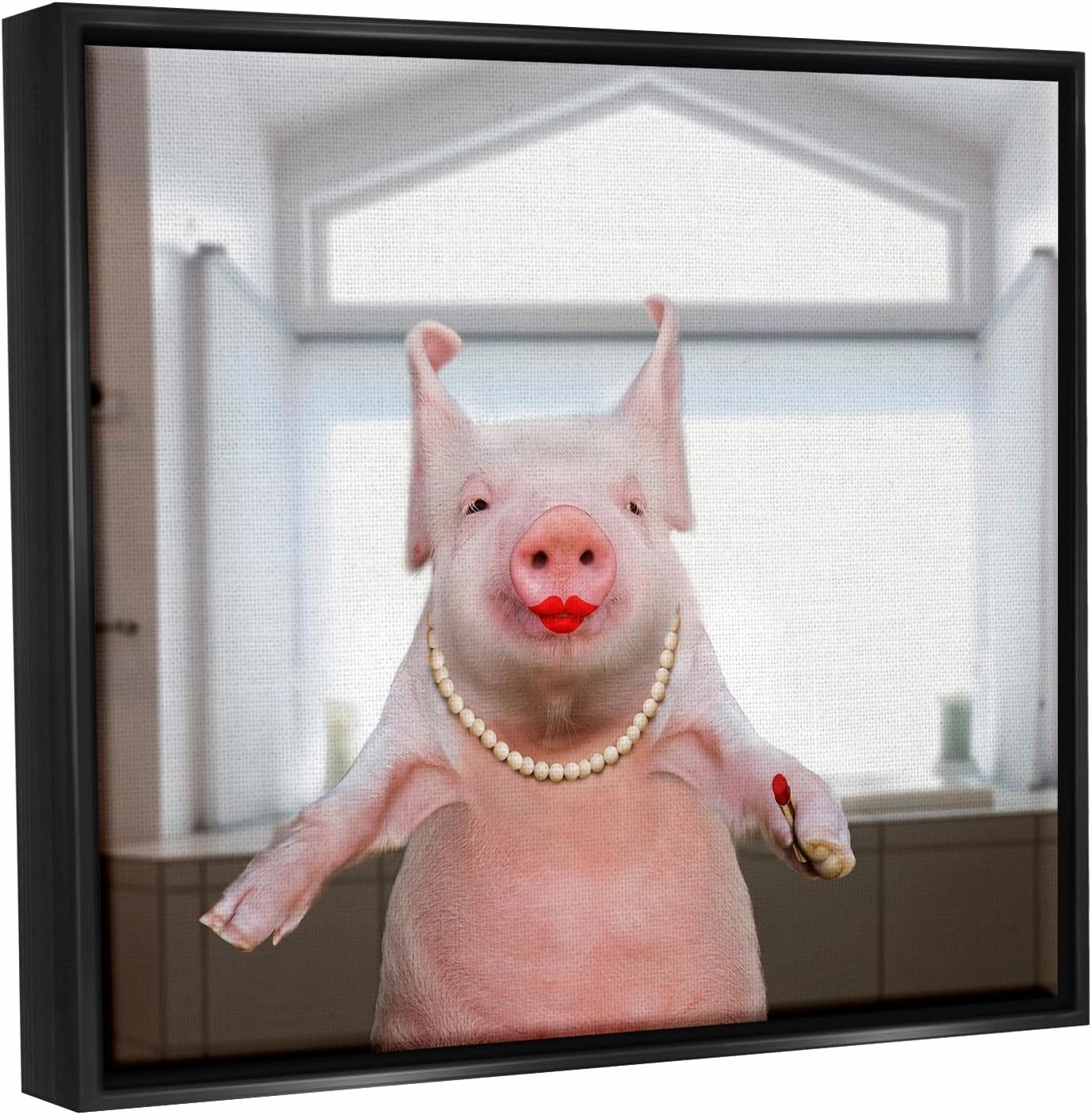 Stupell Industries Glam Pig in Lipstick Black Framed Floater Canvas Wall Art Design by Lund Roeser