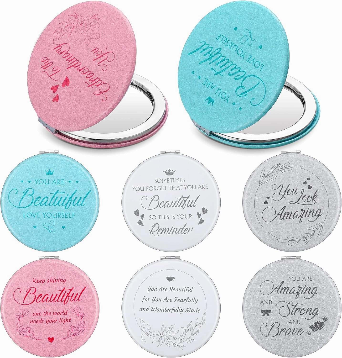 Sumind 8 Pcs Inspirational Compact Mirror Bulk Pocket Mirror Purse Mirror Portable Travel Makeup Mirror, Folding Handheld Double Sided Mirror 1x/ 2X, Inspirational Gift for Women Girls