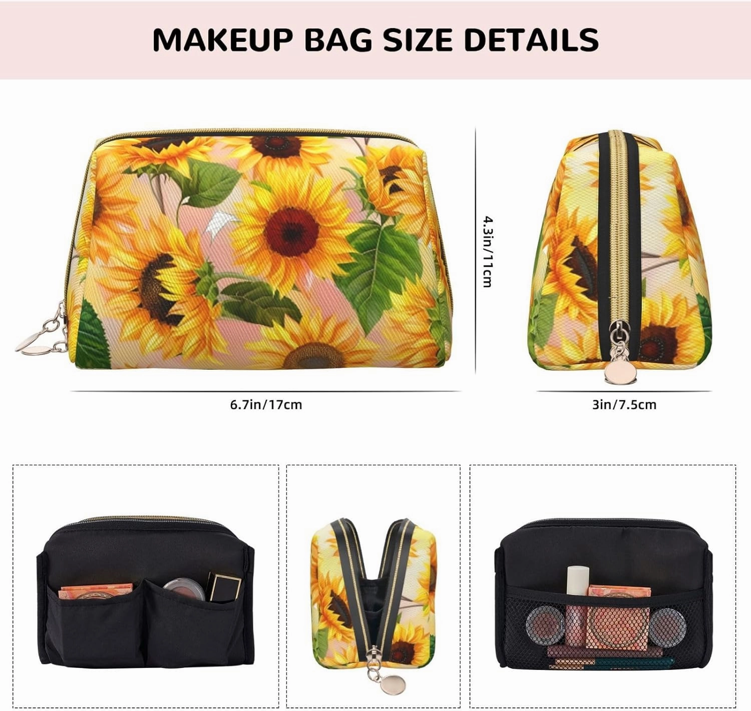 Sunflower Toiletry Pouch, Travel-Friendly Makeup Organizer For Makeup Brushes, Lipsticks