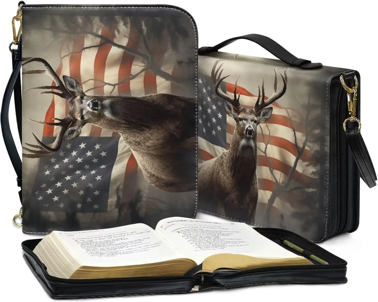 Suobstales American Flag Deer Pattern Bible Cover for Men Women Leather Bible Case Large Bible Carrying Case Bible Carrier with Shoulder Strap, Study Bible Tote Bag Handbag for Bible Accessories, XL