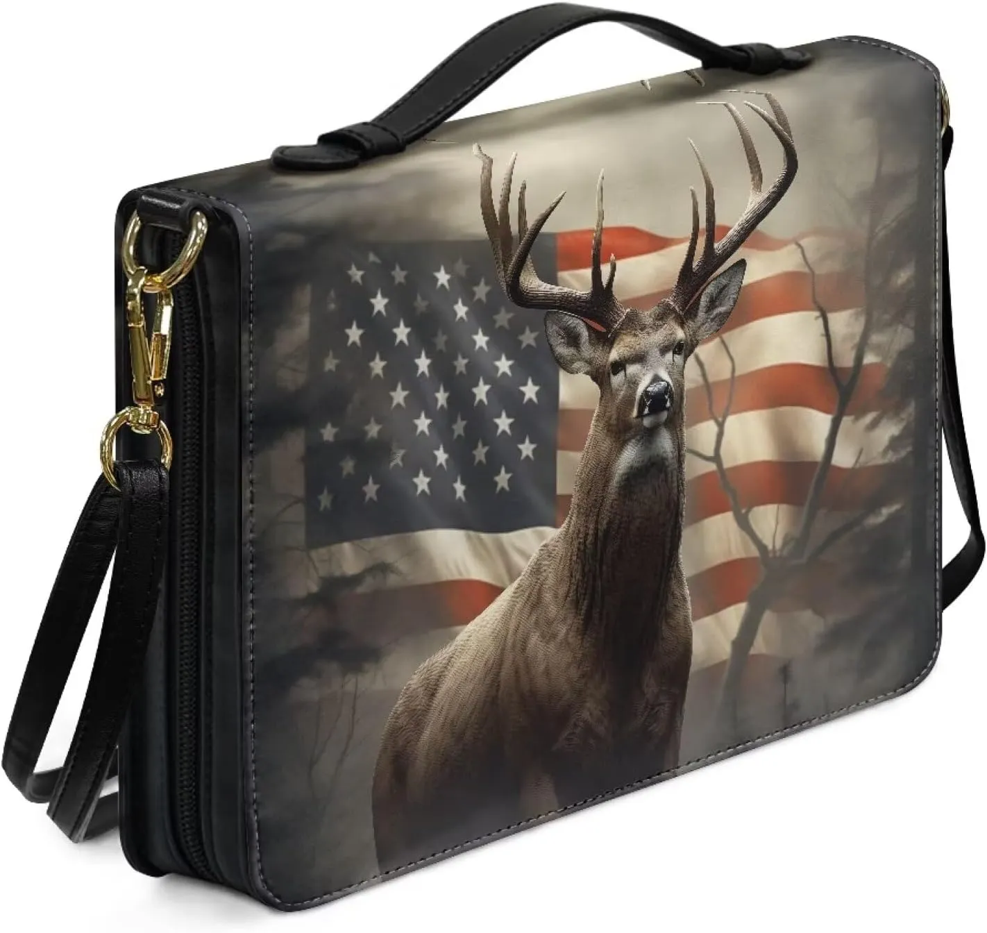 Suobstales American Flag Deer Pattern Bible Cover for Men Women Leather Bible Case Large Bible Carrying Case Bible Carrier with Shoulder Strap, Study Bible Tote Bag Handbag for Bible Accessories, XL