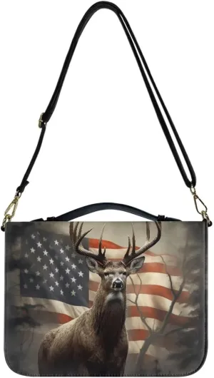 Suobstales American Flag Deer Pattern Bible Cover for Men Women Leather Bible Case Large Bible Carrying Case Bible Carrier with Shoulder Strap, Study Bible Tote Bag Handbag for Bible Accessories, XL
