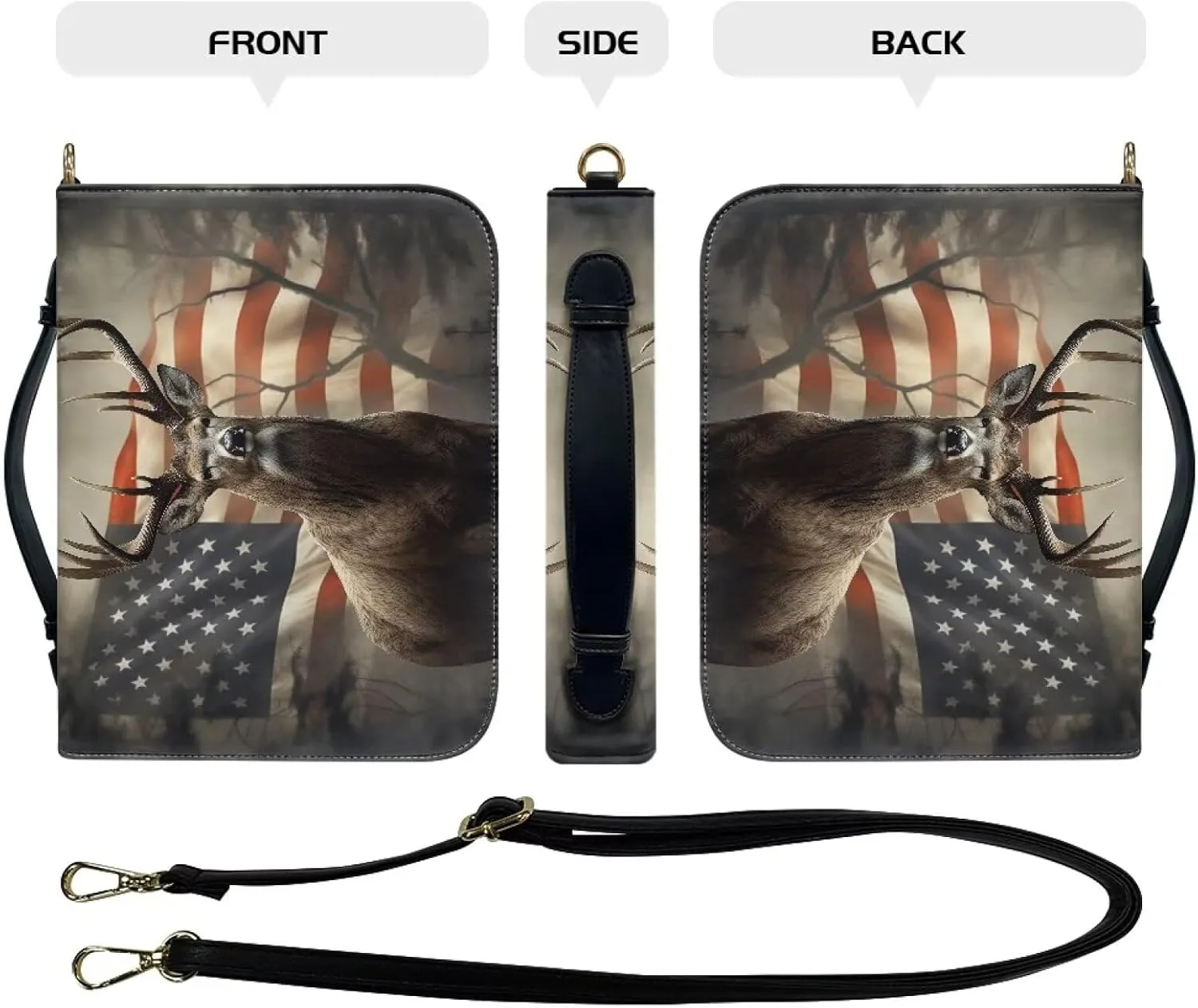 Suobstales American Flag Deer Pattern Bible Cover for Men Women Leather Bible Case Large Bible Carrying Case Bible Carrier with Shoulder Strap, Study Bible Tote Bag Handbag for Bible Accessories, XL