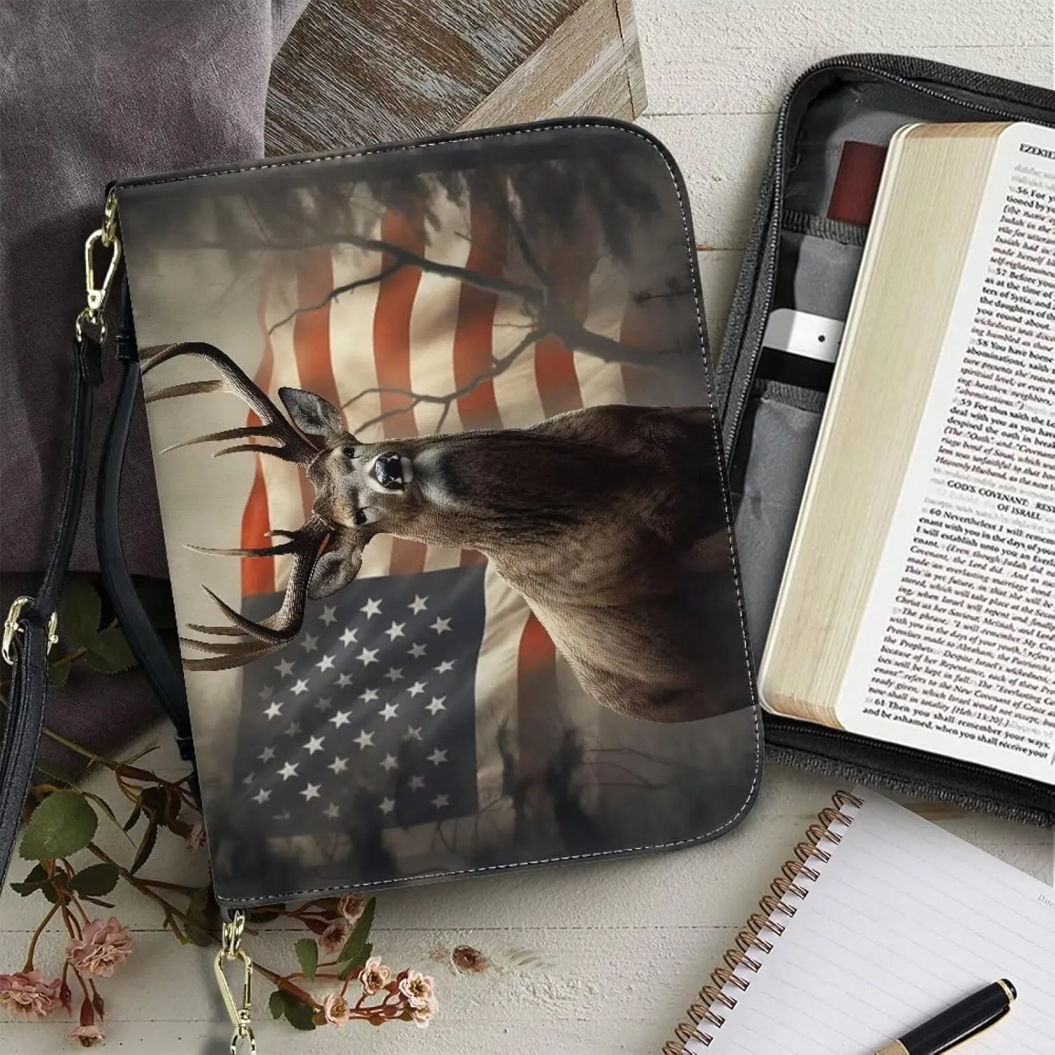 Suobstales American Flag Deer Pattern Bible Cover for Men Women Leather Bible Case Large Bible Carrying Case Bible Carrier with Shoulder Strap, Study Bible Tote Bag Handbag for Bible Accessories, XL