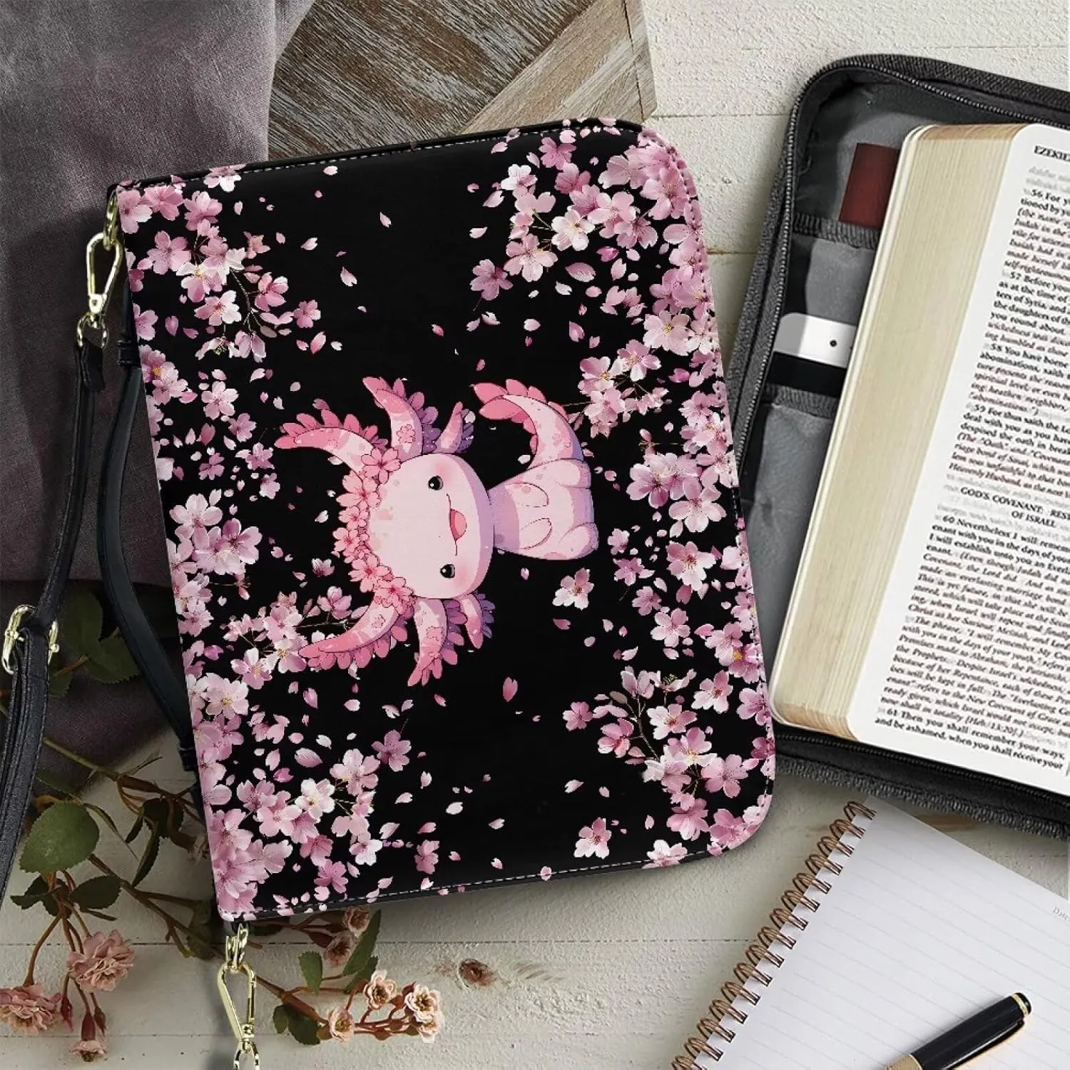 Suobstales Axolotl Cherry Blossom Print Faux Leather Bible Cover for Women Men, Bible Case Bible Carrying Case with Shoulder Strap, Multifunctional Bible Bag for Bible Study/Daily Use/Library, 2XL